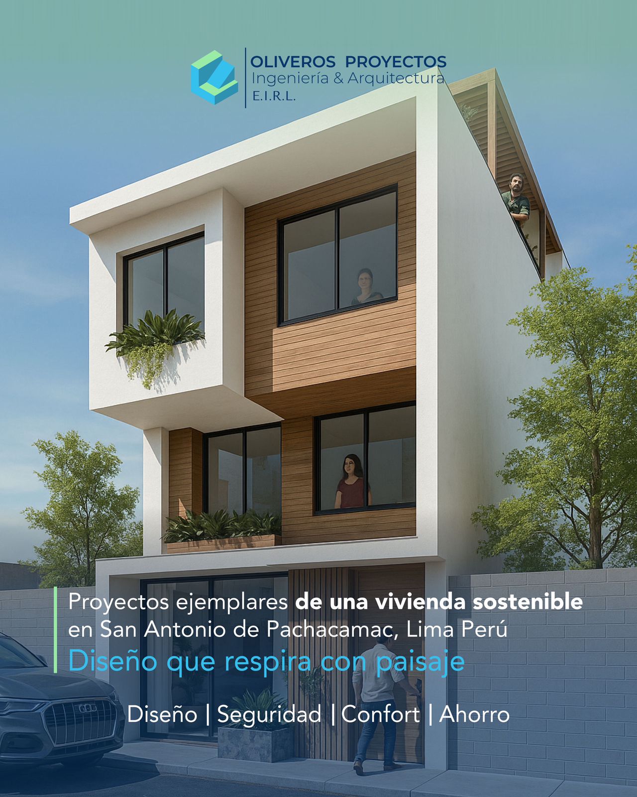 Visualización de vivienda residencial con revestimiento cálido