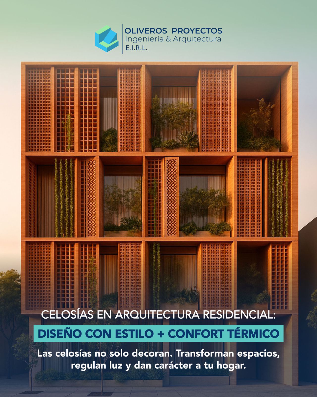 Estudio de celosías y fachada residencial compartido por Oliveros Proyectos